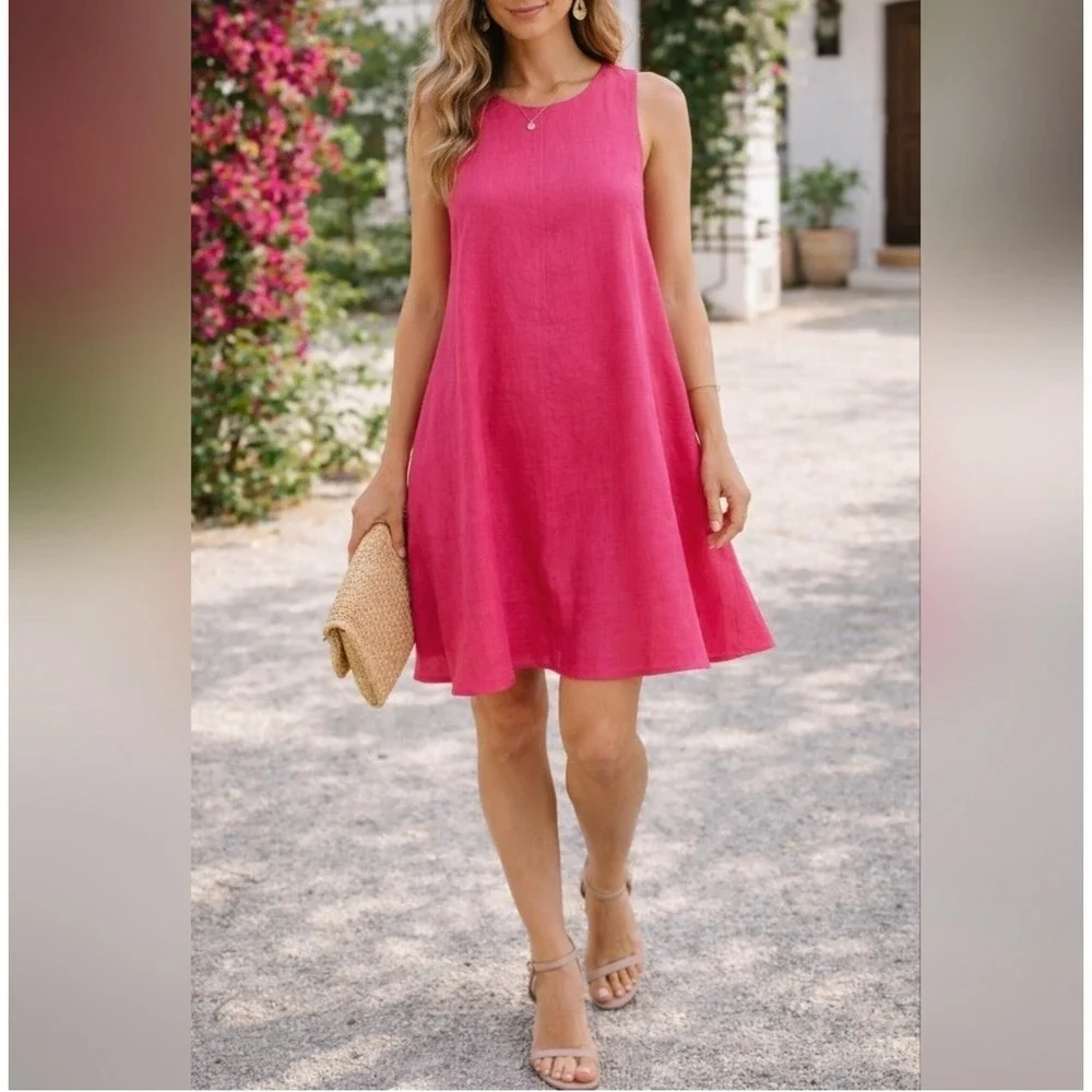 Maeve Anthropologie Melbourne Swing Dress‎ Hot Pink Linen Sleeveless Small